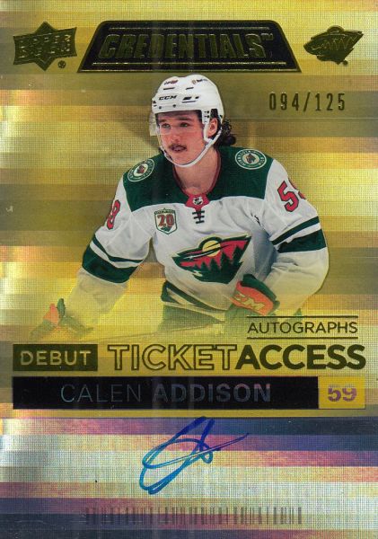 AUTO RC karta CALEN ADDISON 21-22 Credentials Debut Ticket Access Yellow /125